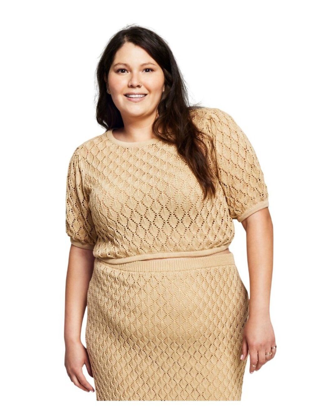 NWT And Now This Crochet Knit Puff Sleeve Blouse Top S702820002 Camel Brown 2X